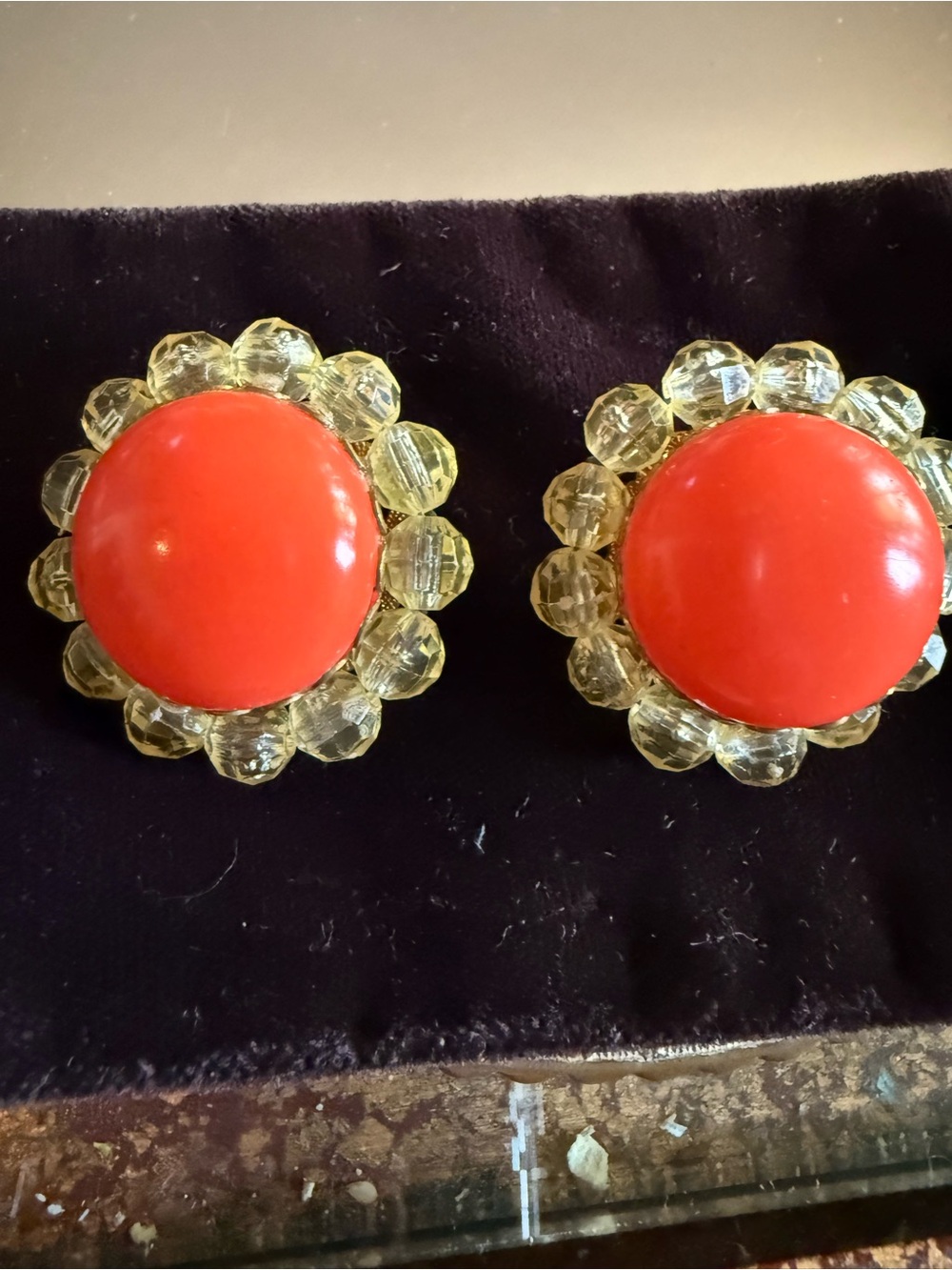 Vintage Orange Moonglow Lucite Cluster Clip On Earrings 1950s Midcentury